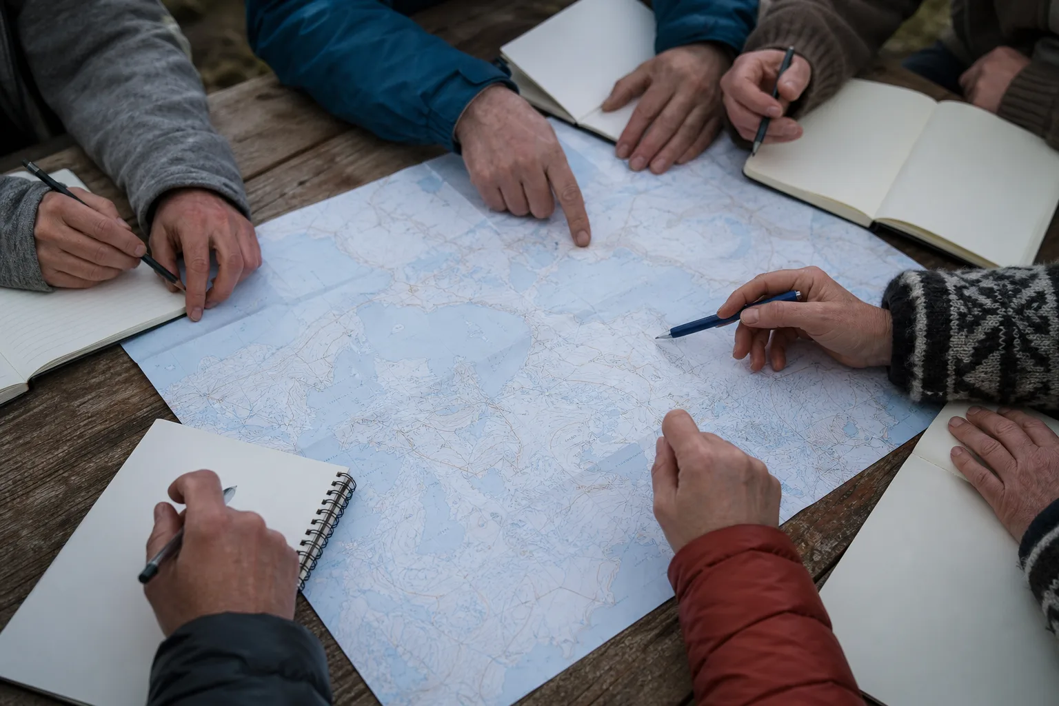 Several pairs of hands rest around a paper map and notebooks during a workshop.