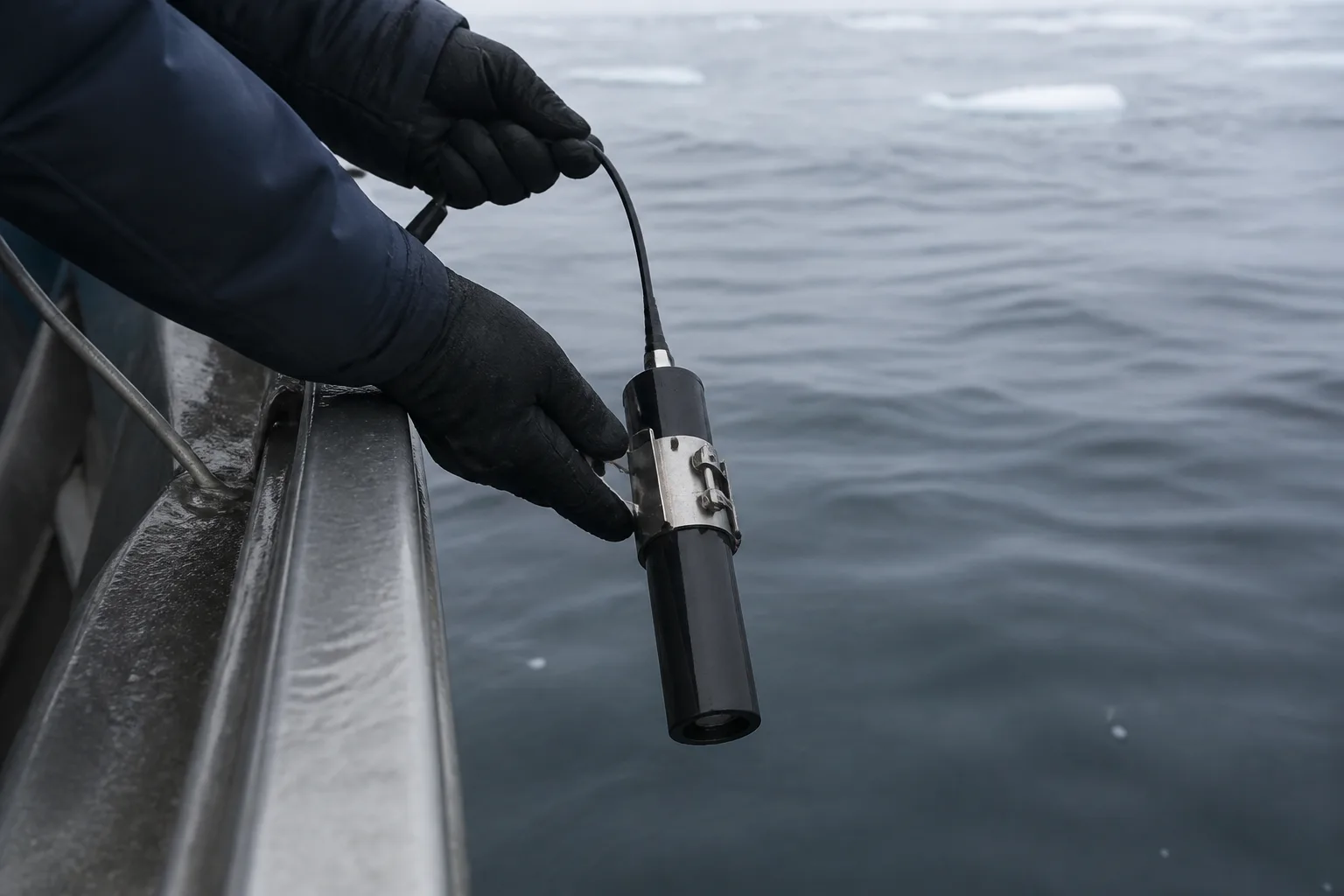 Gloved hands lower a hydrophone from a small boat into cold water.