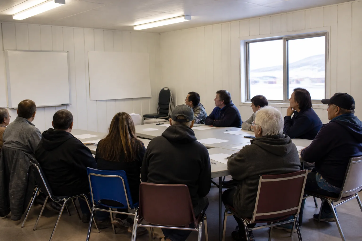A small group meets around tables in a plain community room.