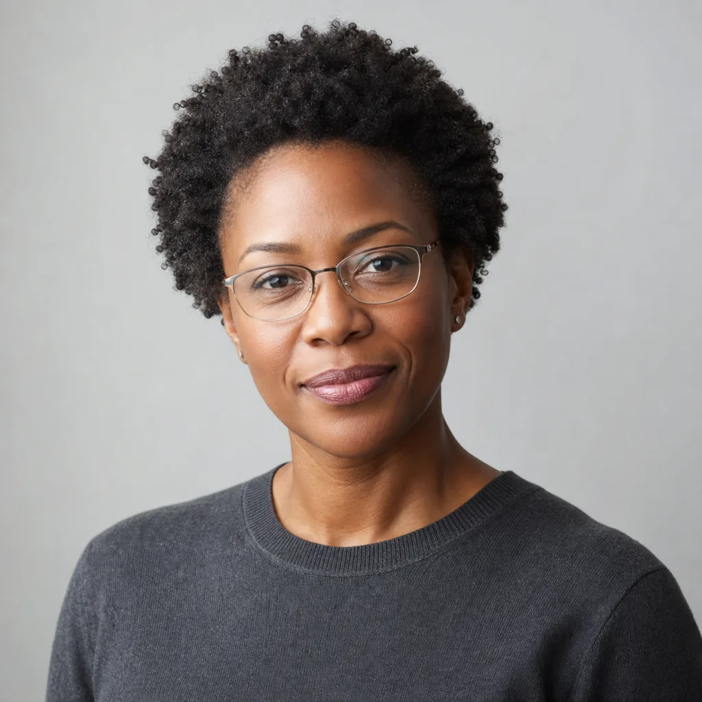 Studio portrait of Amina Okafor, science director.