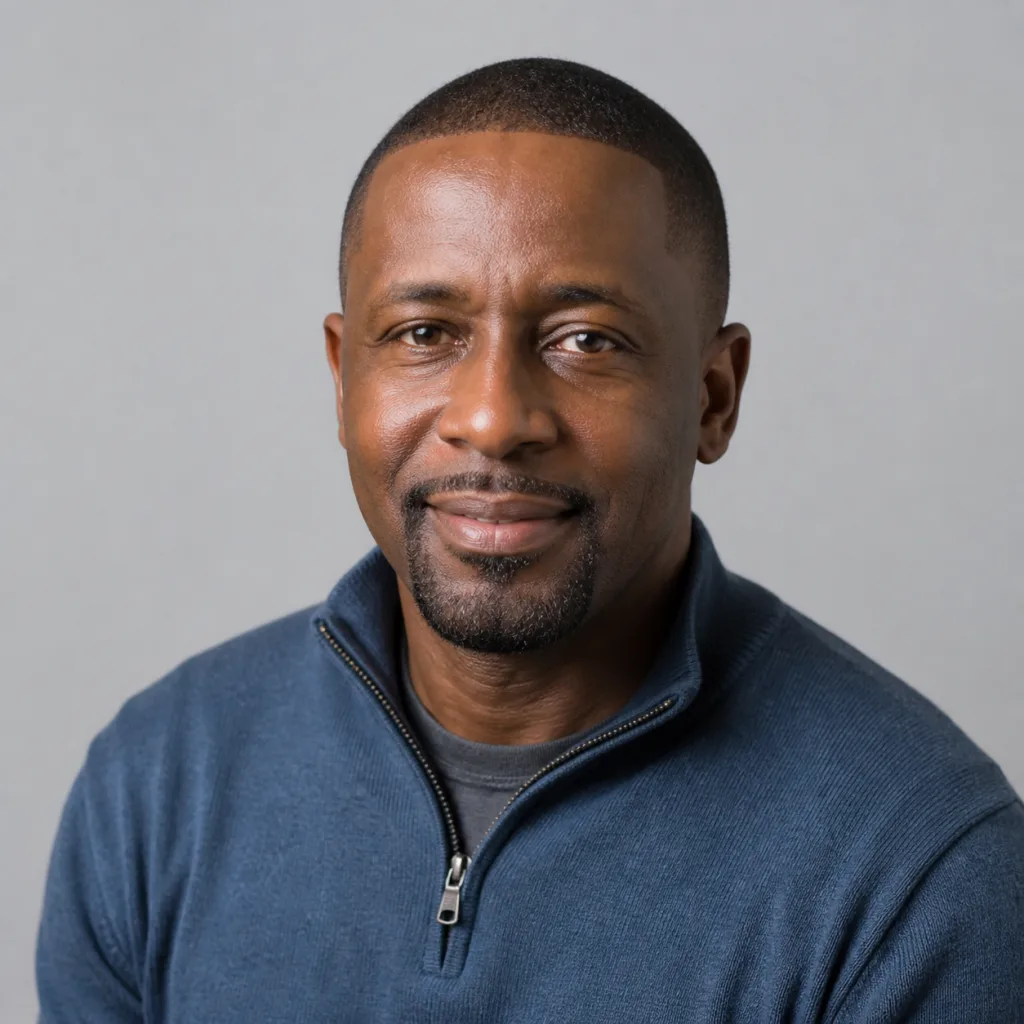Studio portrait of Samuel Adeyemi, climate finance director.