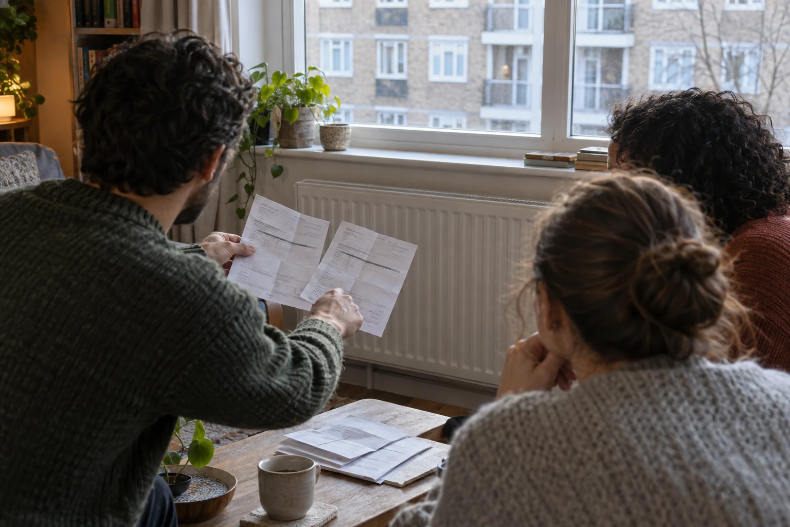 Three adults compare folded papers beside a white radiator, with neighbouring flats visible through the window.