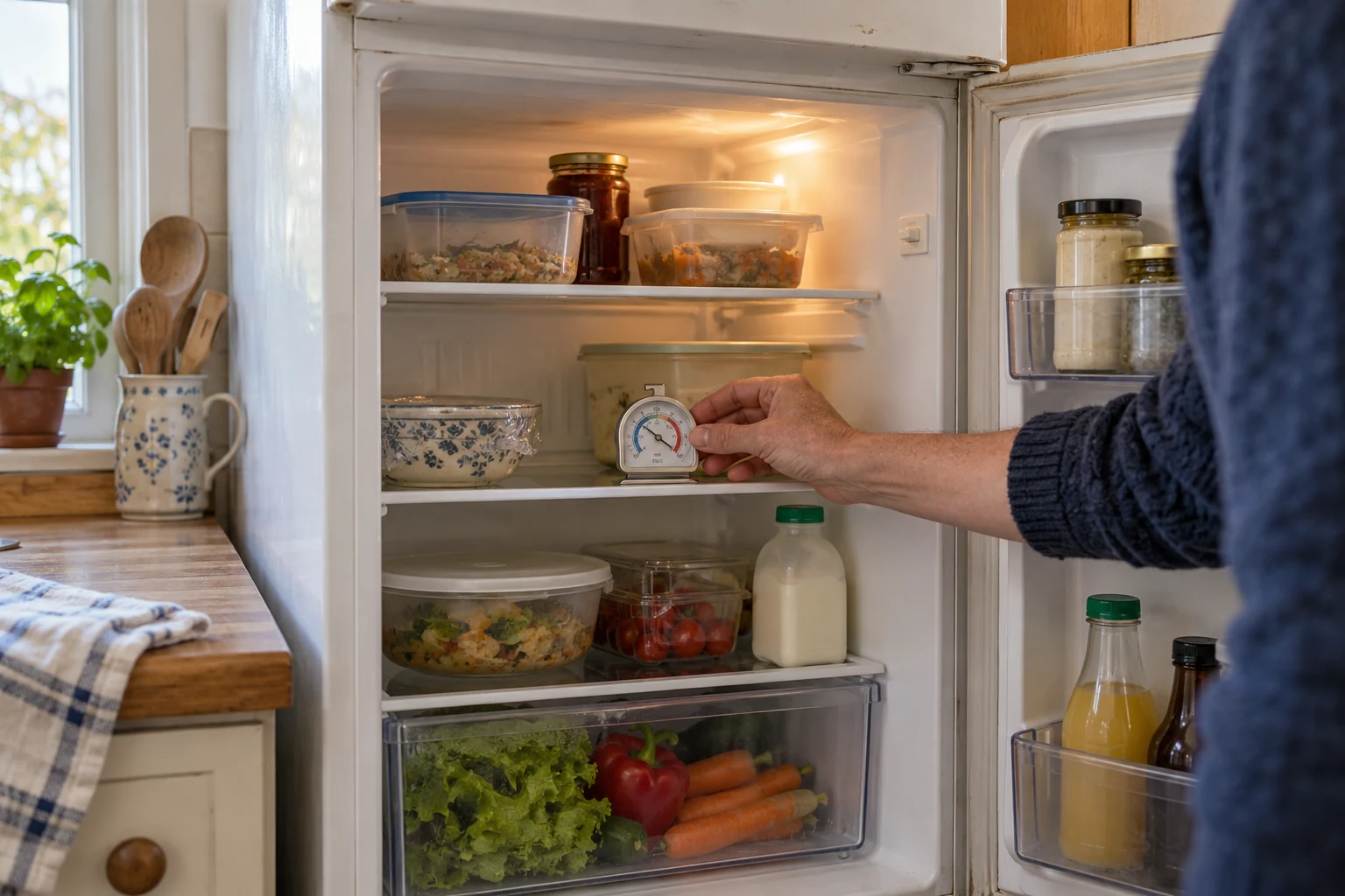 A hand checks a small dial thermometer on a fridge shelf among covered containers, bottles and vegetables.
