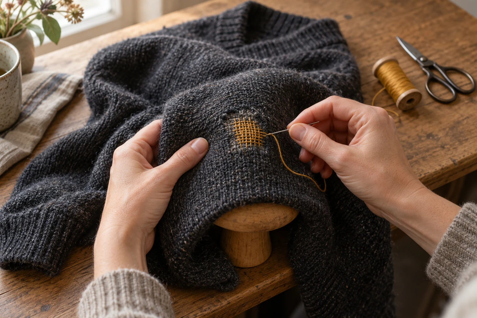 Two hands mend a charcoal knitted jumper with ochre stitches over a wooden darning mushroom, beside a thread spool and scissors.