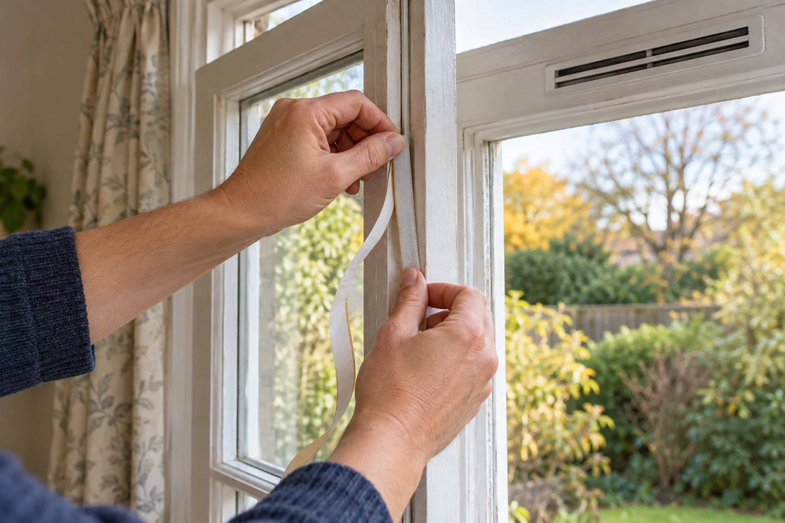 Two hands press a narrow weather strip onto a painted window edge while its backing curls away; a separate vent is visible above.