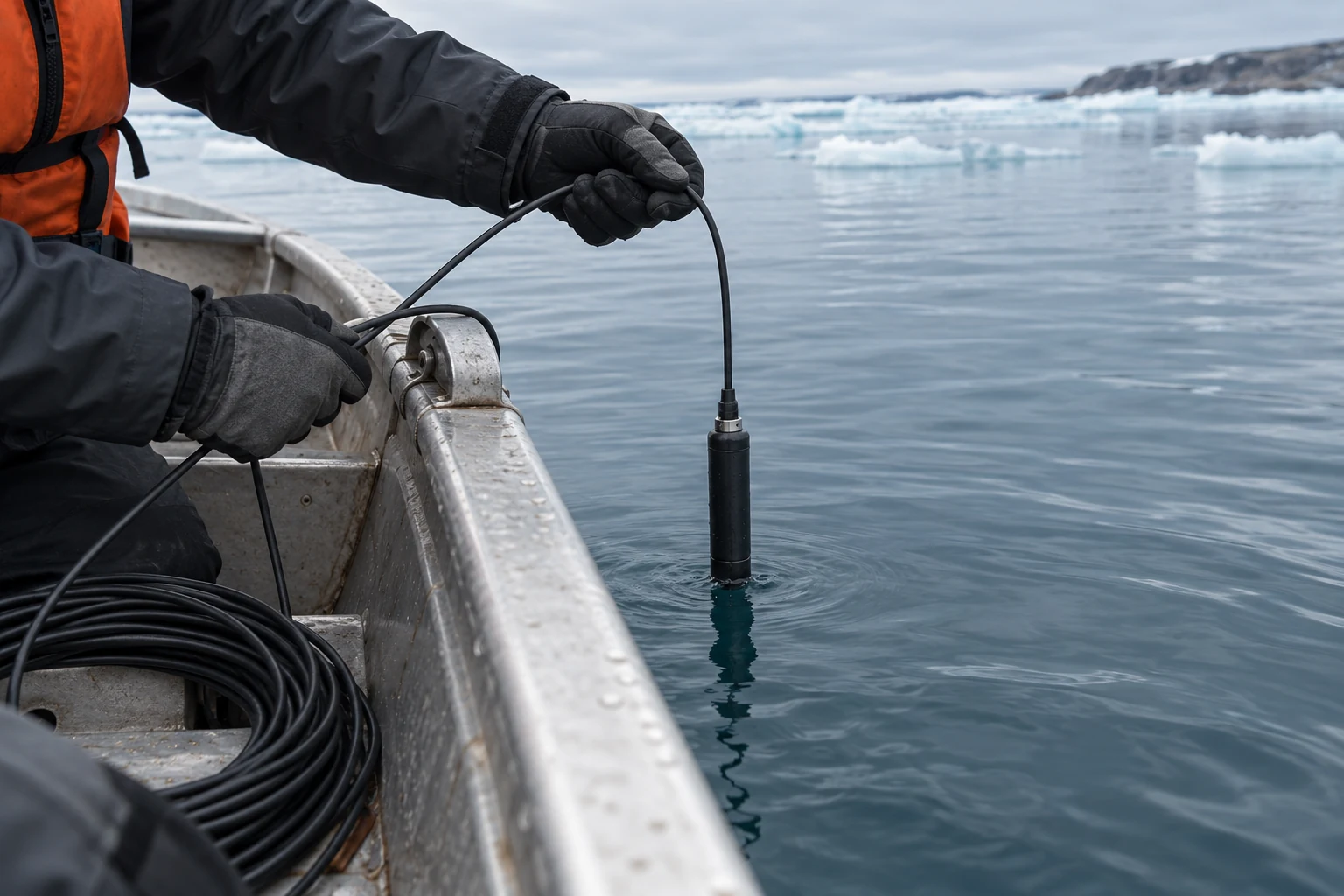 Two gloved hands guide a black cable over an aluminium boat edge, with a cylindrical hydrophone touching calm water and broken ice beyond.