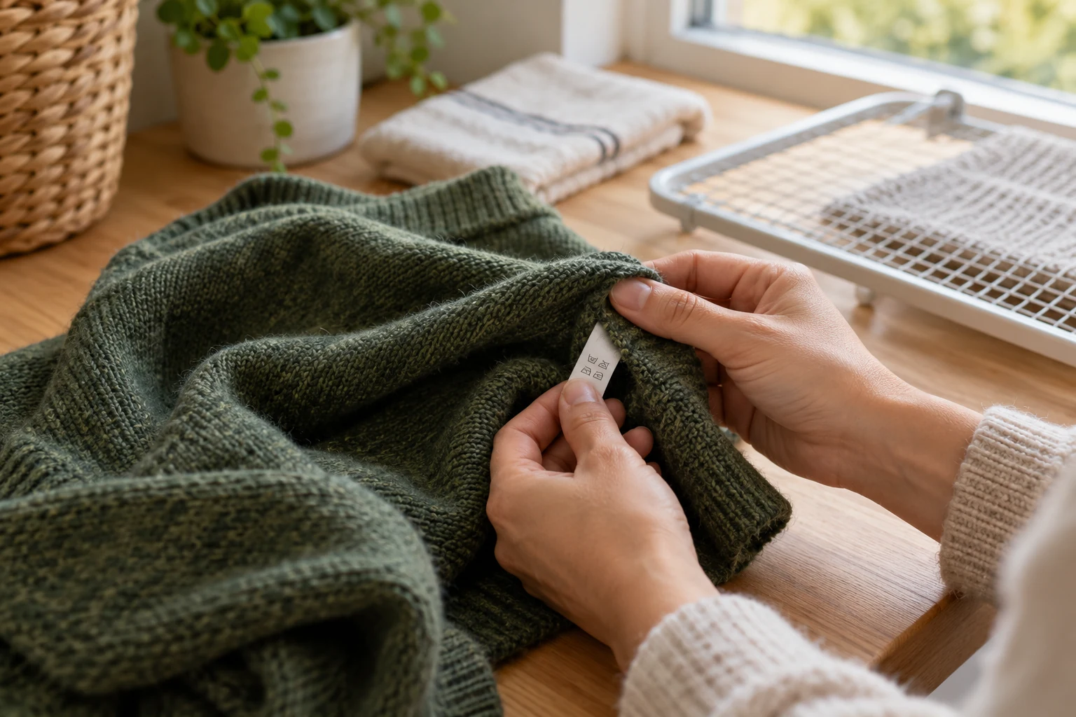 Hands examine a sewn-in label on a green knitted jumper beside a mesh drying rack and folded towel.